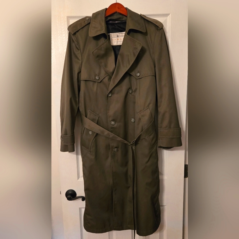 Towne By London Fog Vintage Men's  Green Trench Coat 36 Reg Zip Out Lining